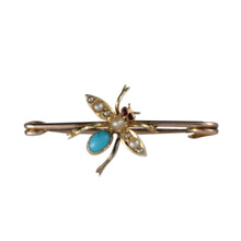 Load image into Gallery viewer, Antique 9ct Edwardian Insect Fly Pin Brooch Pearl, Turquoise &amp; Ruby