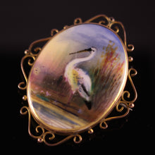 Load image into Gallery viewer, Antique Heron 9ct Yellow Gold Brooch Hand Painted Ceramic 9k brooch bird brooch
