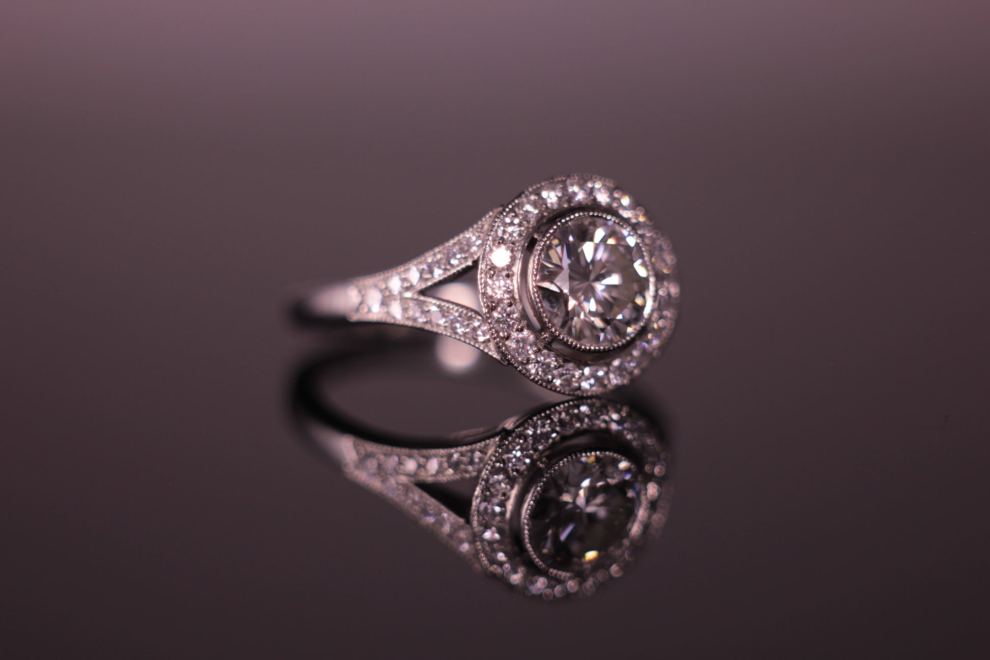 Halo Engagement ring with Pave Milligrain