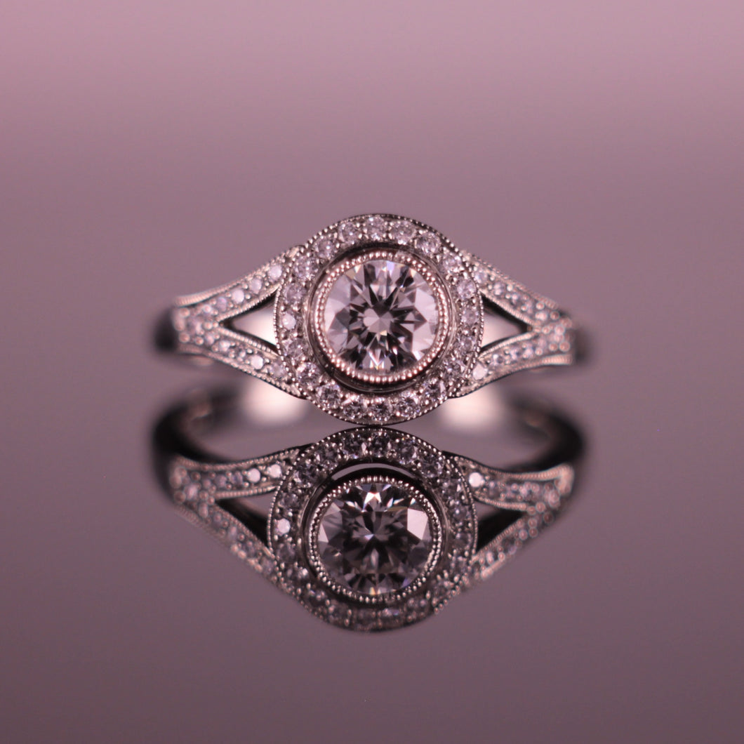 Art Deco Style Halo 0.51ct Round Brilliant cut Diamond Ring