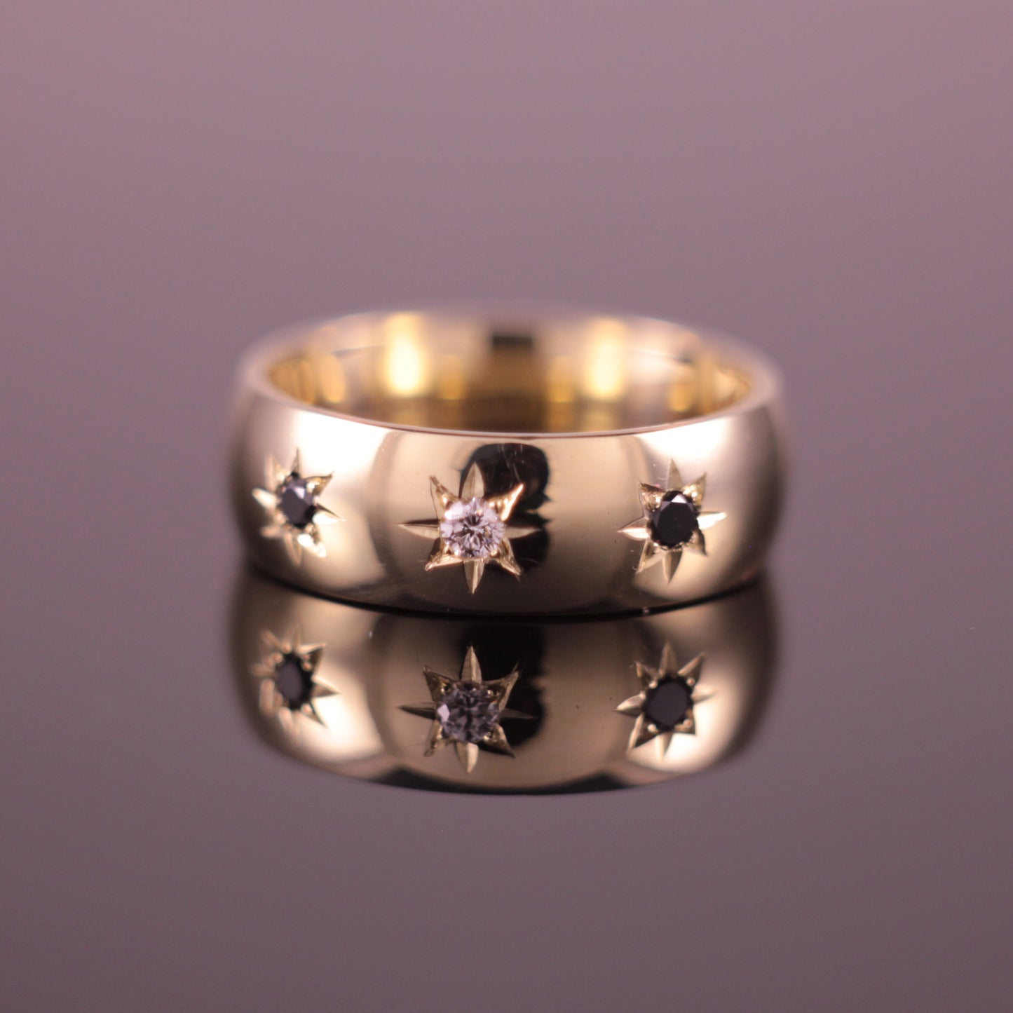 Black & White Diamond Star Set 0.15tcw 3 stone Ring 7mm Vintage Victorian style 9ct Yellow Gold