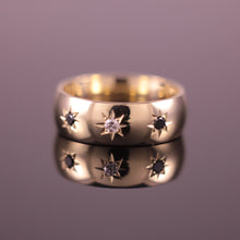 Load image into Gallery viewer, Black &amp; White Diamond Star Set 0.15tcw 3 stone Ring 7mm Vintage Victorian style 9ct Yellow Gold