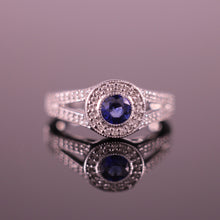 Load image into Gallery viewer, Sapphire &amp; Diamond Halo Engagement Ring in 18ct White Gold Round Brilliant cut 0.42ct Sapphire &amp; 0.28ct Diamond Halo