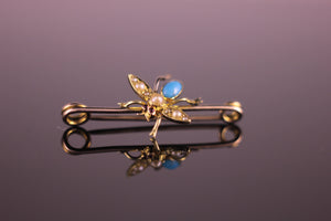 9ct Edwardian Insect Fly Pin Brooch Pearl, Turquoise & Ruby Vintage