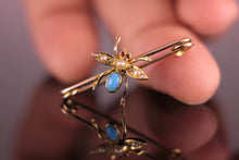 Load image into Gallery viewer, 9ct Edwardian Antique Insect Fly Pin Brooch Pearl, Turquoise &amp; Ruby Vintage