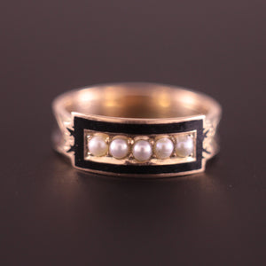 Antique Dated 1888 Memento Mori Mourning Ring Gold with Black Enamel & Pearl