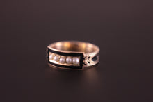 Load image into Gallery viewer, Antique Dated 1888 Memento Mori Mourning Ring Gold with Black Enamel &amp; Pearl