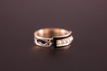 Load image into Gallery viewer, Antique Dated 1888 Memento Mori Mourning Ring Gold with Black Enamel &amp; Pearl