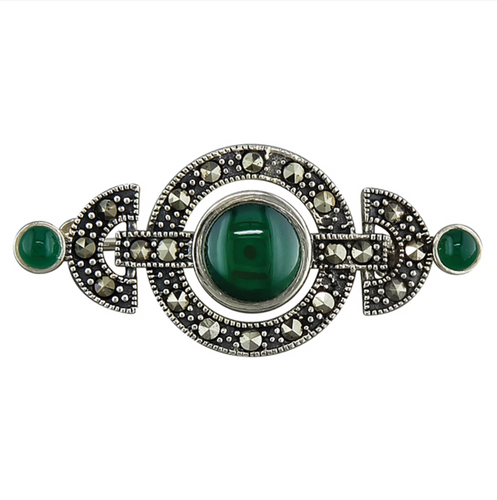 Green Agate and Marcasite Art Deco style Brooch in Silver