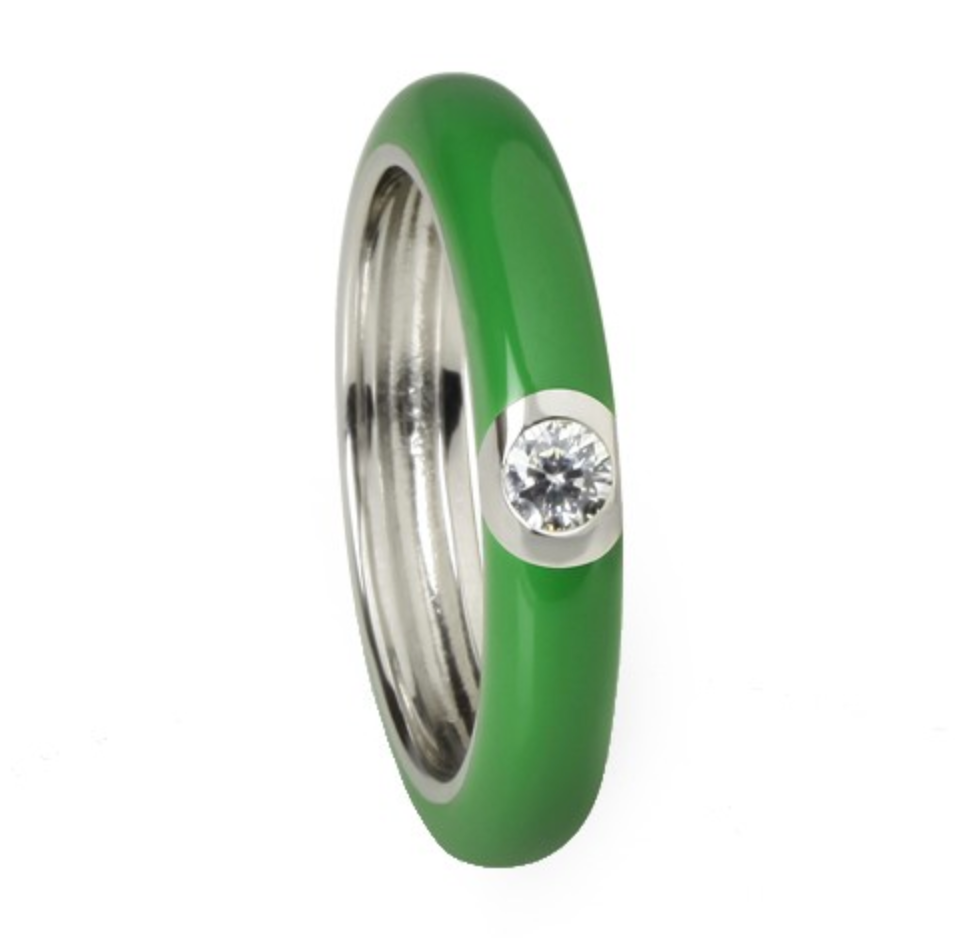 Green Enamel, Silver & CZ Ring