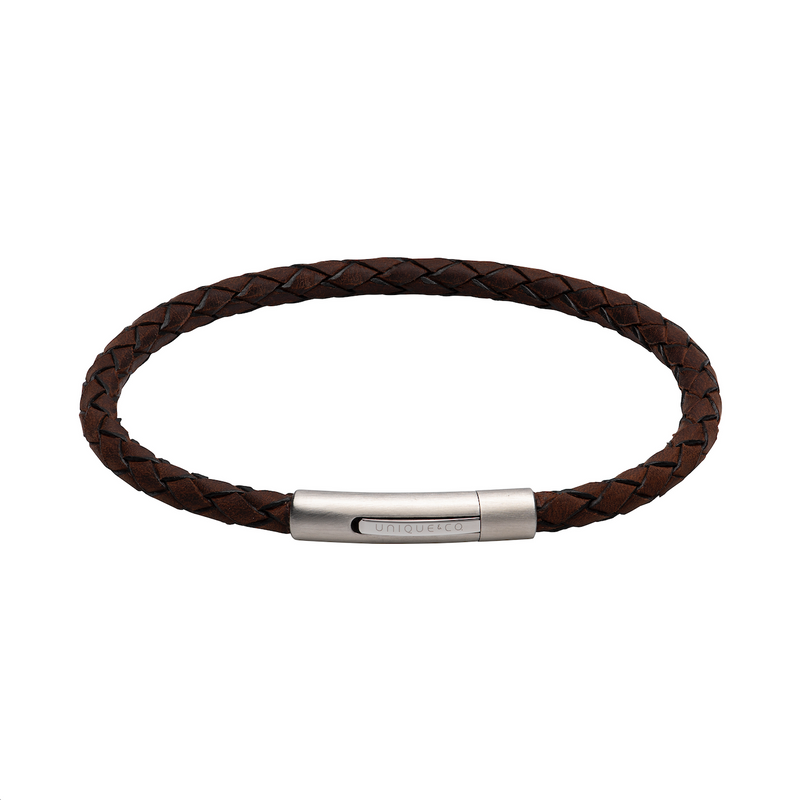Narrow Dark Brown Leather Bracelet with Brushed Stainless Steel Catch