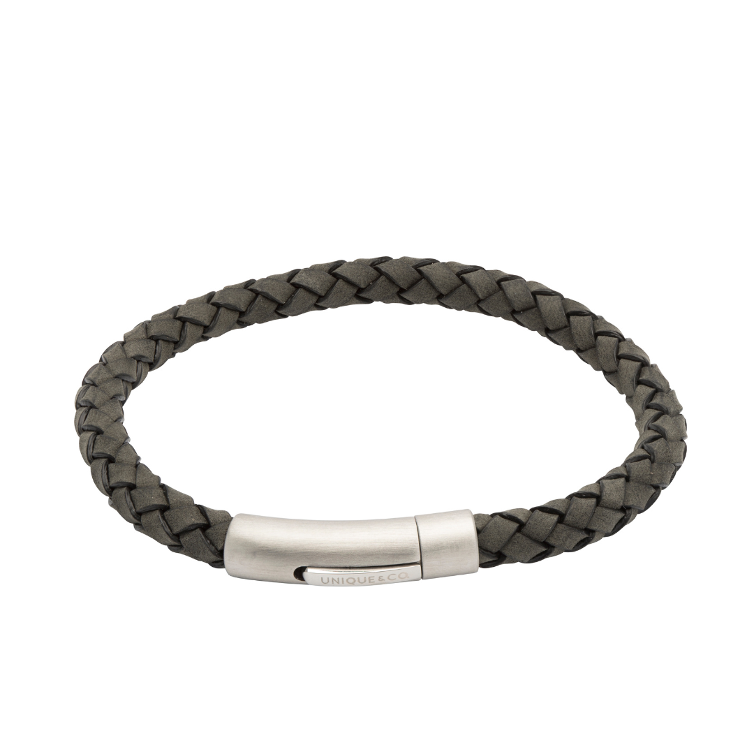 Dark Grey Leather Bracelet with Brushed Stainless Steel Catch