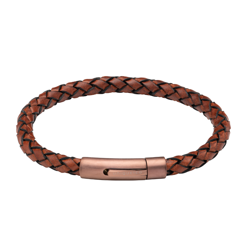 Tan Brown Leather Bracelet with Brushed Rose Gold Plated Catch