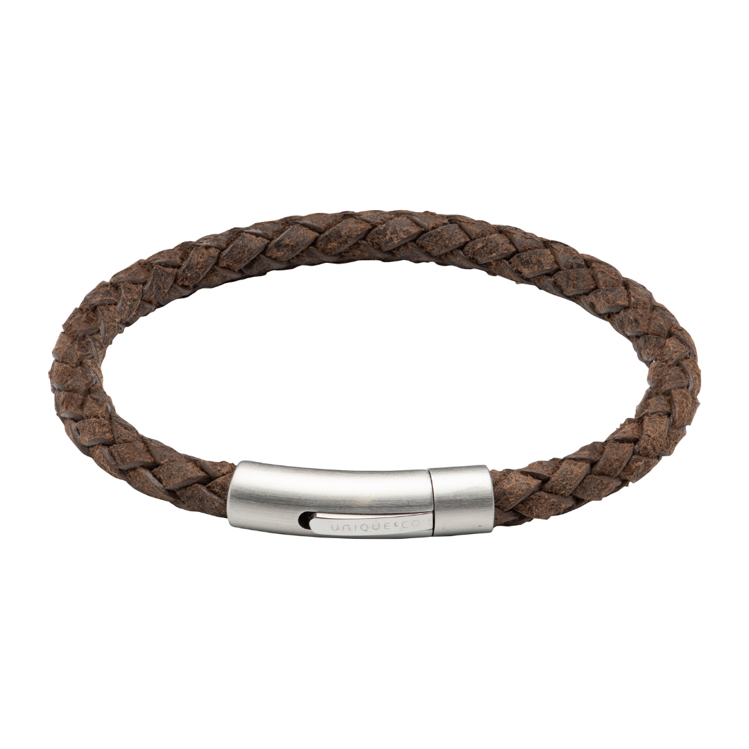 Muted Brown Leather Bracelet with Brushed Stainless Steel Catch