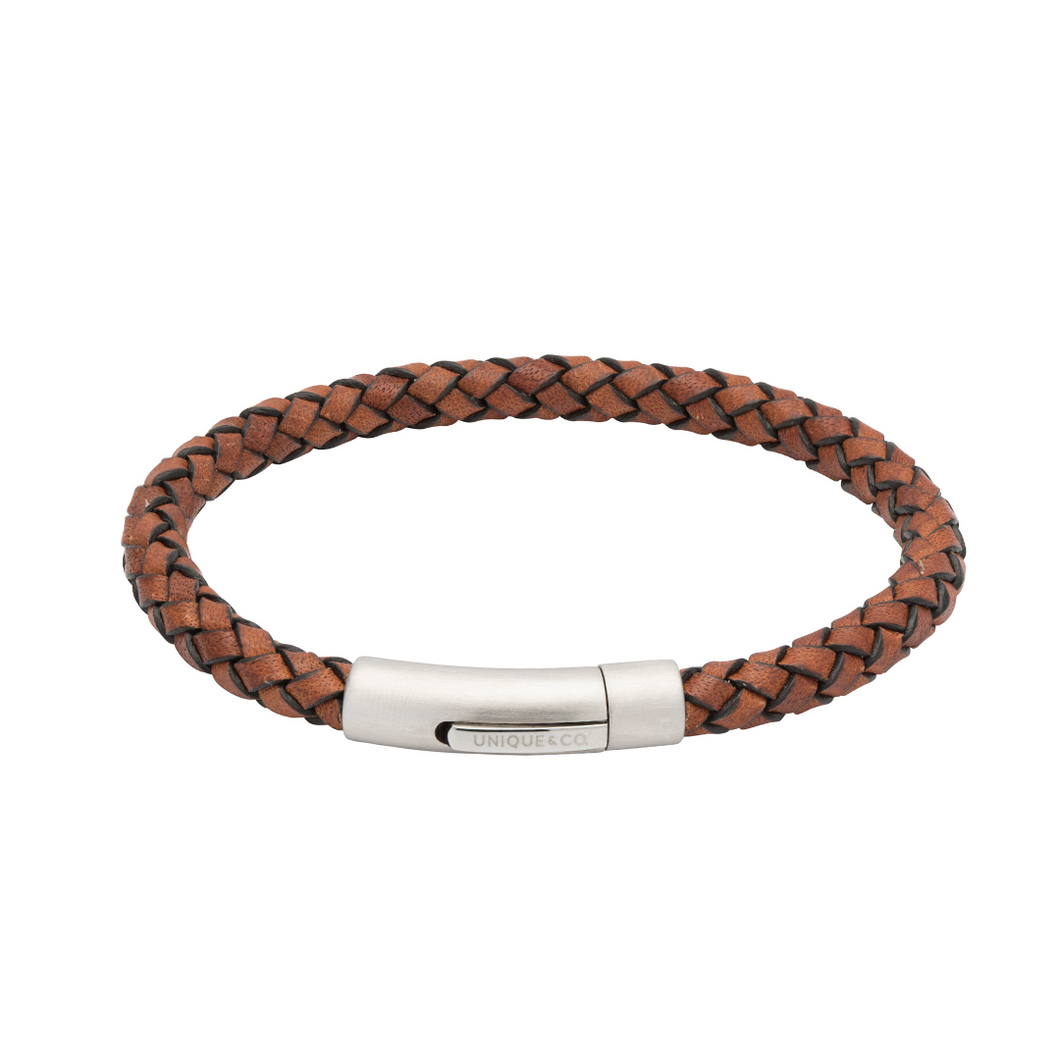 Tan Brown Leather Bracelet with Brushed Stainless Steel Catch