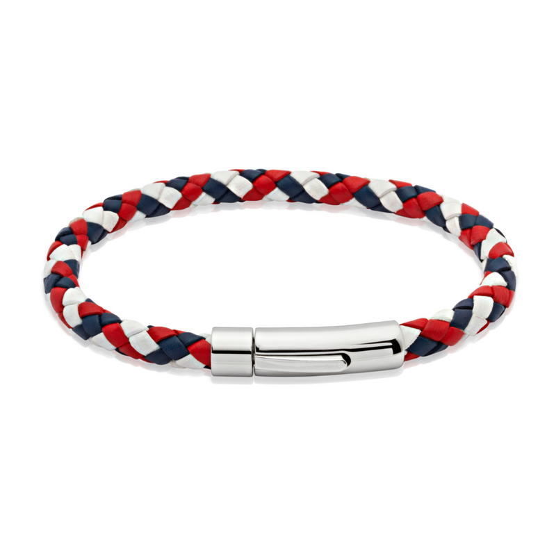 Red, White & Blue Leather Bracelet with Polished Stainless Steel Catch