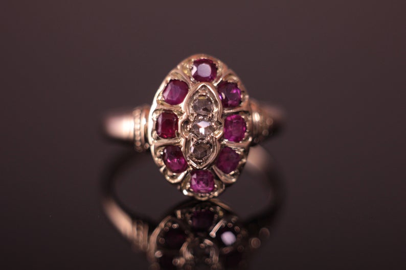 Antique c.1850's Ruby and Diamond Victorian Ring in 9ct Yellow Gold
