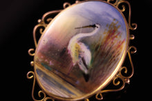 Load image into Gallery viewer, Antique Heron 9ct Yellow Gold Brooch Hand Painted Ceramic bird brooch