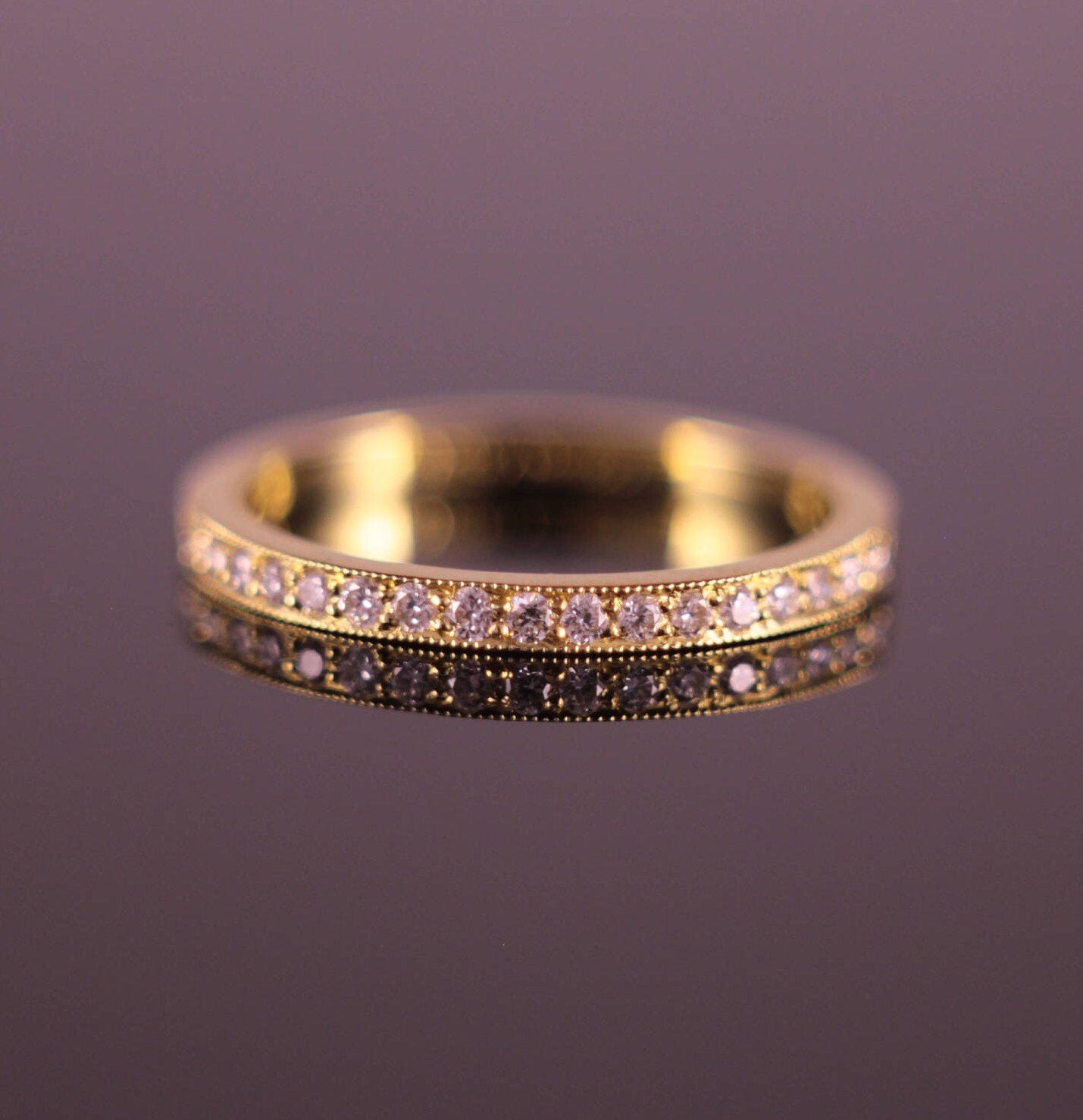 18ct Yellow Gold Half Eternity Ring 1.8mm wide with Round Brilliant Diamonds 0.17tcw Pave Millegrain