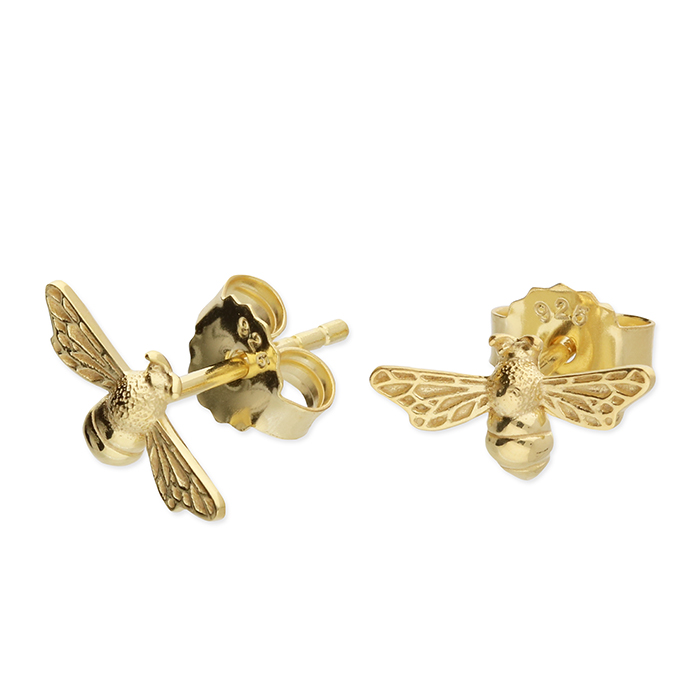 Small Bee Stud Earrings Yellow Gold Plated