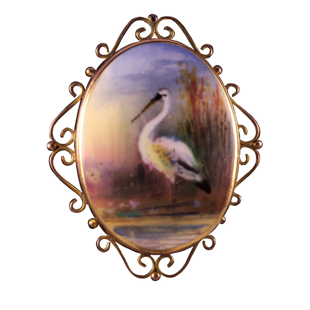 Vintage Heron 9ct Yellow Gold Brooch Hand Painted Ceramic bird brooch