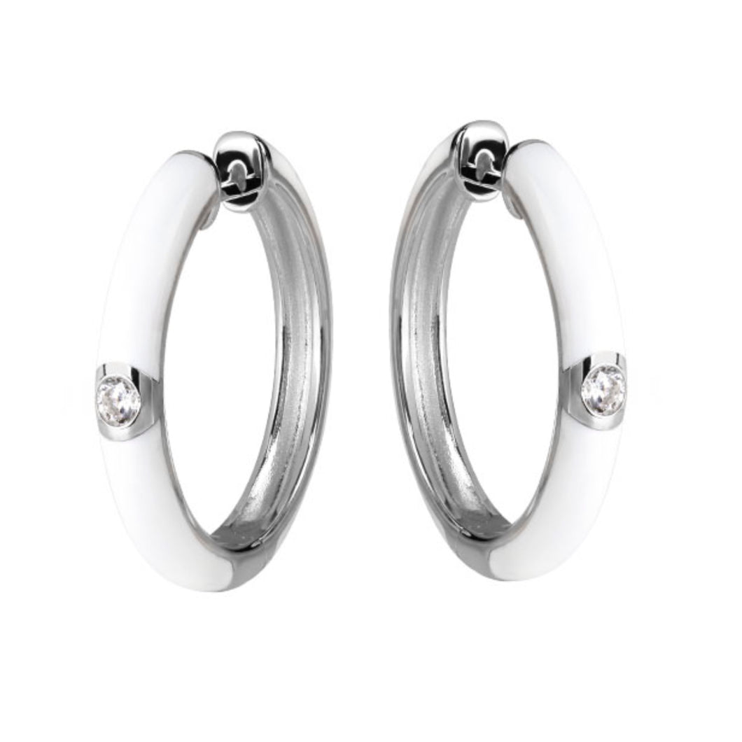 White Enamel Hoop Earrings in Silver