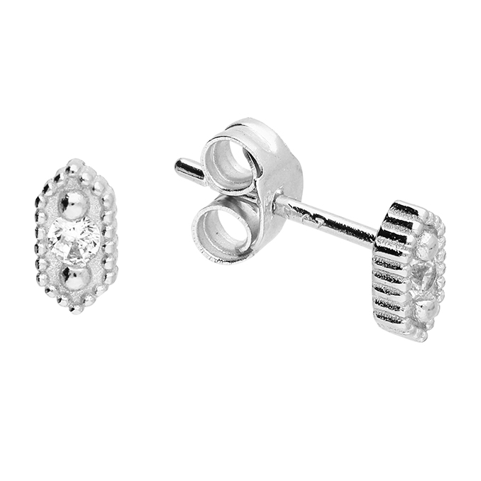 Small Beaded Art Deco style Elongated Hexagon Stud Earrings Silver