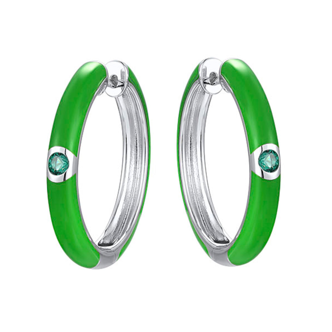 Green Enamel Hoop Earrings in Silver